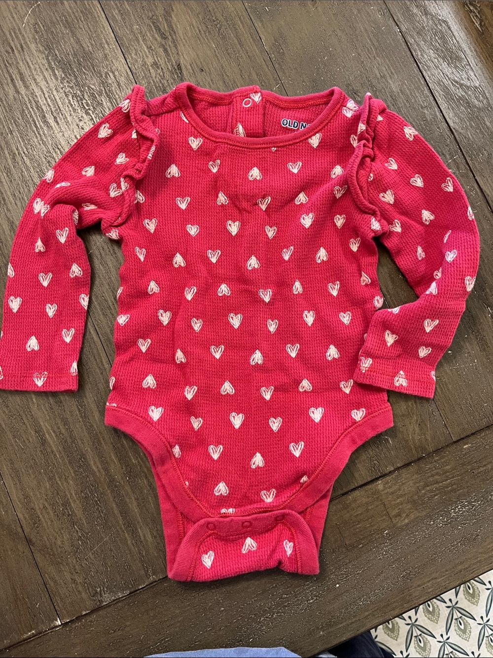 12-18 month Old Navy Pink-Red Heart Print Long-Sleeve Baby One-Piece